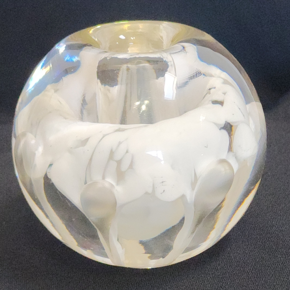 Zimmerman Hand Blown Art Glass Paperweight Pen Holder– White Swirl Floral Design